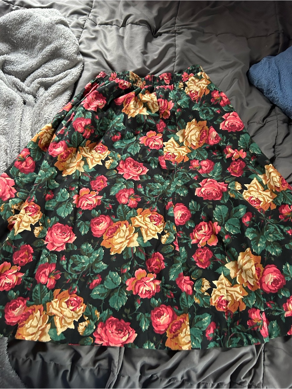 Floral A-Line Midi Skirt in Black with Red & Yellow Roses